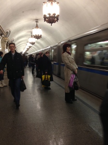 Waiting to board the Moscow Metro