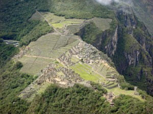 Looking down of the 'Lost City' from the peak of Waynu Picchu