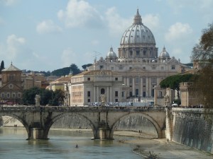 Looking down towards St Peters and Vatican City from the Bridge of Angels in Rome