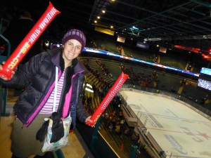 Natalie getting in the spirit at the Ice Hockey in St Petersburg